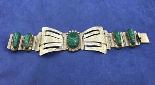 Vintage Hand Wrought Mexico Silver Carved Green Onyx Mask Panel Bracelet