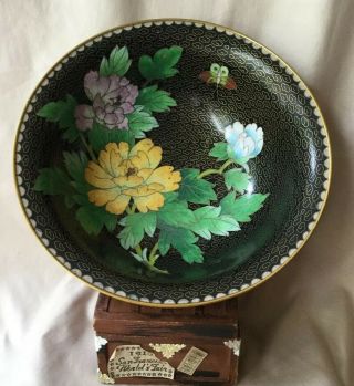 Vintage Chinese Cloisonné 7” Bowl Floral Peony Butterfly Brass Wire Blossom