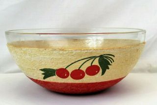 Vintage Glass Serving Bowl Mid Century 9 " Red Cherry Raffia Rope Wrapped