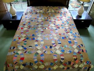 Difficult Restoration: Vintage Feed Sack Hand Pieced Wedding Ring Quilt Top