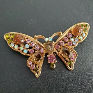 Vintage Gorgeous Pink Peridot Rhinestone Butterfly Brooch Pin Amber Glass S108