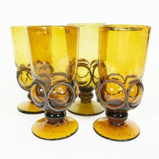 4 Vintage Amber Blown Goblets Glasses Iron Rings Caged Bubbles Brutalist Style