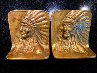 Pair Vintage Antique Bronze Native American Indian Head Bookends