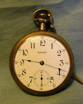 Equity Watch Co.  Pocket Watch,  16 Size,  15 Jewel Gold Plated Case Early 1900 