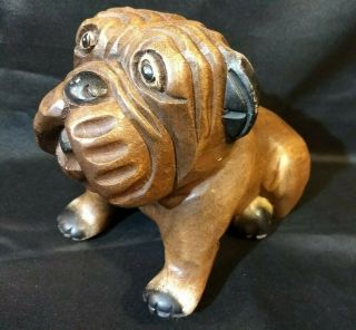 Lrg Vintage Hand Carved Painted Wooden Bulldog Statue Sitting Dog Folk Art Ooak