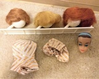 Vintage 1963 Mattel Fashion Queen Barbie Doll Head Outfit 3 Wigs On Stand Vgc