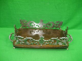 Vintage Wooden Serving Tray Platter With Shiny Pewter Metal Handles & Perimeter