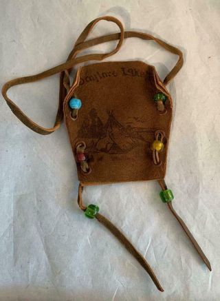 Vtg Saylors Lake Pa Toy Holder / Pouch Glass Beads Tee Pee Leather Neck Strap