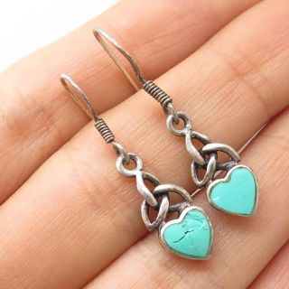 Signed Vintage 925 Silver Real Turquoise Gemstone Celtic Heart Drop Earrings