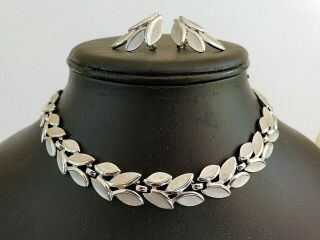 Vintage Crown Trifari Silver Leaf Necklace Clip Earring Set 1950s 1960s