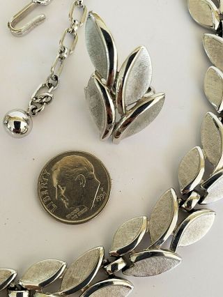 Vintage Crown Trifari Silver Leaf Necklace Clip Earring Set 1950s 1960s 3
