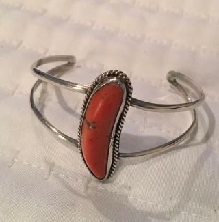 Vintage Old Pawn Native American Sterling Silver Coral Cuff Bracelet