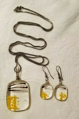 Vintage Artisan Art Glass Pendant Necklace & Earrings Set