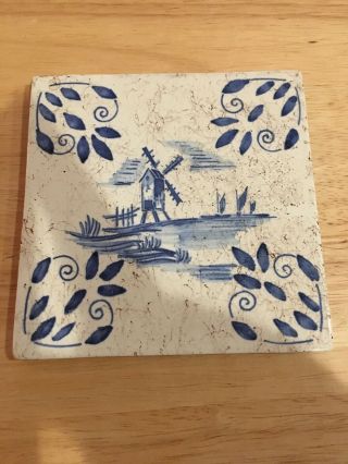 Vintage Dutch Windmill Blue White Ceramic Tile Made Germany Trivet