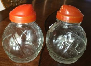 Vintage Hazel Atlas Glass Salt And Pepper Shakers With Red Plastic Lids Tops