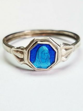 Vintage Sterling Silver Blue Enamel Virgin Mary Miraculous Medal Ring Sz 9