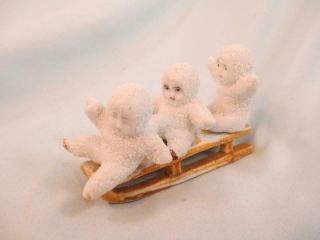 Antique German Bisque Miniature Snow Baby 3 Children On Sled Hertwig