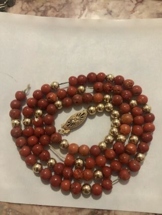 Vintage Antique Berber Natural Red Coral Beaded Necklace 20.  9 Grams 14k Gold