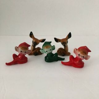 Japan Pixie Elves&pet Deer Vintage Ceramic 2” Red Green Christmas Elf Baby Fawn