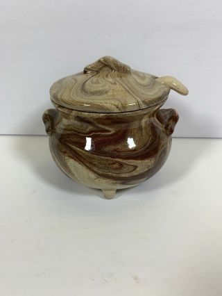 Vtg Emil Cahoy Colome Sd Pottery Ceramic 3.  5” Sugar Bowl Lid Serving Spoon