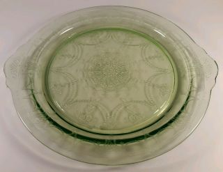 Vintage Green Depression Glass Cameo " Ballerina " Platter 12 " Handled Cake Plate