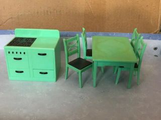 Vintage Renwal Jadite Green & Black Kitchen Table & Chairs Dollhouse Furniture