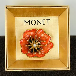 Vintage Signed Monet Gold - Tone Clear Rhinestone Orange Enamel Flower Pin Brooch