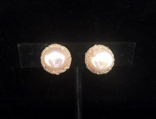 Vtg Signed Christian Dior Faux Baroque Pearl Textured Gold Tone Clip Earrings