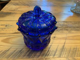 Vintage Blue Glass Crown Candy Dish W/ Lid Cobalt
