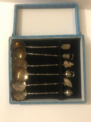 Set Of 6 Vintage Sterling 950 Bamboo Spoons Oriental Theme With Blue Hinged Case