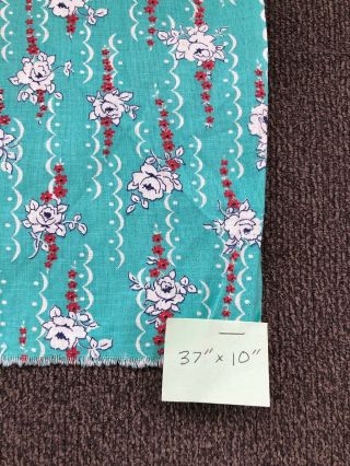 Vintage Cotton Feedsack Fabric White & Red Flowers On Turquoise Feed Sack Floral