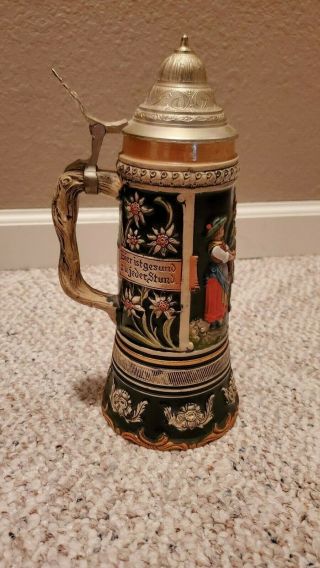 Vintage Music Box German Porcelain Lidded Beer Stein - Germany - Height 12 1/2”
