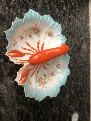 Large Vintage Porcelain Lobster Handle Floral Divided Bowl Dish