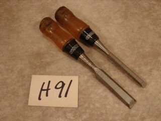 H91 2 Vintage Stanley No.  60 Wood Chisels Lucite Handles Metal Strike 3/8 & 5/8 "