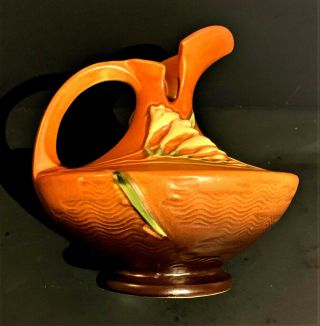 Vintage Roseville Pottery Freesia Tangerine Brown Ewer Vase 19 - 6