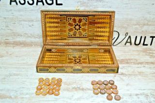 Vintage Wood Inlay Backgammon And Checker Travel Set