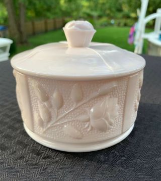 Vintage Jeannette Shell Pink Milk Glass Rose Dresser Powder Box Candy Dish Jar
