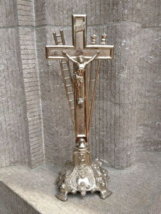 Vintage Rococo Style Metal Altar Standing Tools Of Passion Cross Crucifix Jesus