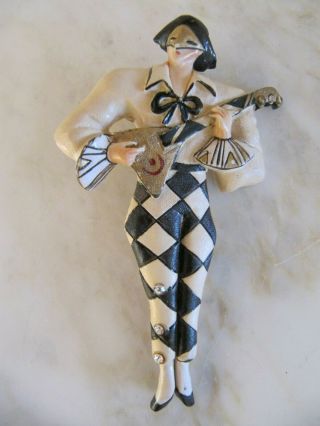 Vintage Japanese Plastic Hand Painted Brooch Pin Pierrot With Mandolin