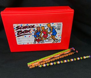Vintage 1980s Neon Orange Plastic School Box Pencil Box Case & Vtg Nos Pencils
