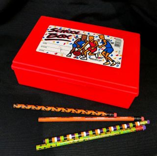 Vintage 1980s Neon Orange Plastic School Box Pencil Box Case & Vtg NOS Pencils 2