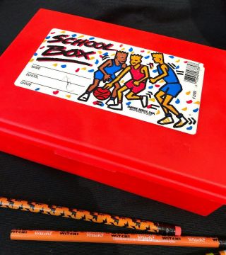 Vintage 1980s Neon Orange Plastic School Box Pencil Box Case & Vtg NOS Pencils 3