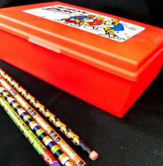 Vintage 1980s Neon Orange Plastic School Box Pencil Box Case & Vtg NOS Pencils 4