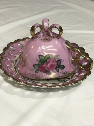 Vintage Royal Halsey Very Fine Tea Cup And Saucer Three Footed,  Pink With Gold 2