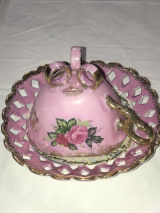 Vintage Royal Halsey Very Fine Tea Cup And Saucer Three Footed,  Pink With Gold 3