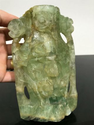 Vtg Chinese Celadon Green Crystal Hardstone Rock Carved Art Statue Vase 5.  5”