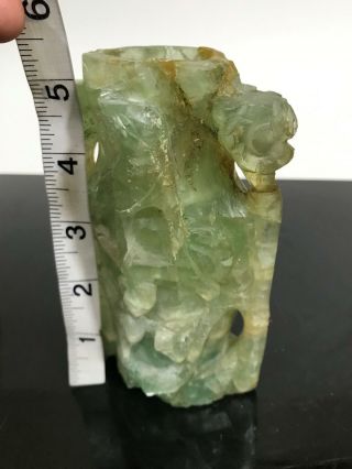 Vtg Chinese Celadon Green Crystal Hardstone Rock Carved Art Statue Vase 5.  5” 4