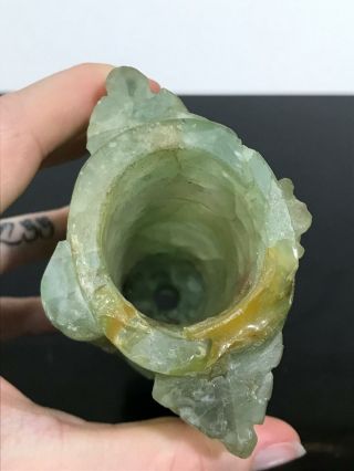 Vtg Chinese Celadon Green Crystal Hardstone Rock Carved Art Statue Vase 5.  5” 5