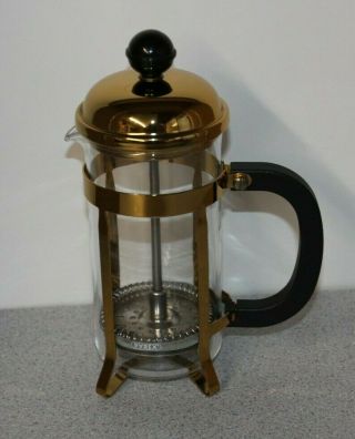Vintage Pyrex French Coffee Press Gold Chrome Trim Approx: 7.  5 " Height & 1 - 2 Cup