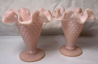 Set Of Fenton 4 " Hobnail Pink Footed Vase,  Double Ruffled Vintage